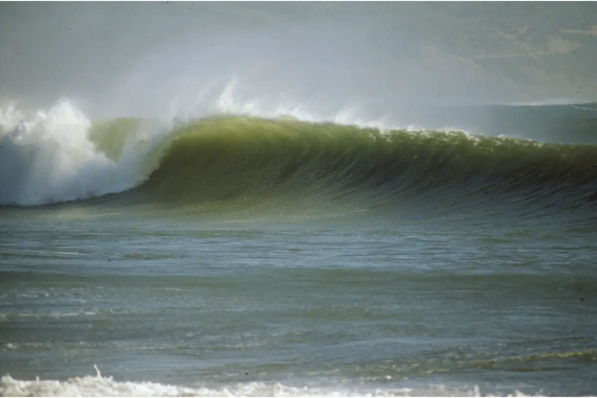 Powerful ocean wave crashing near the shore.